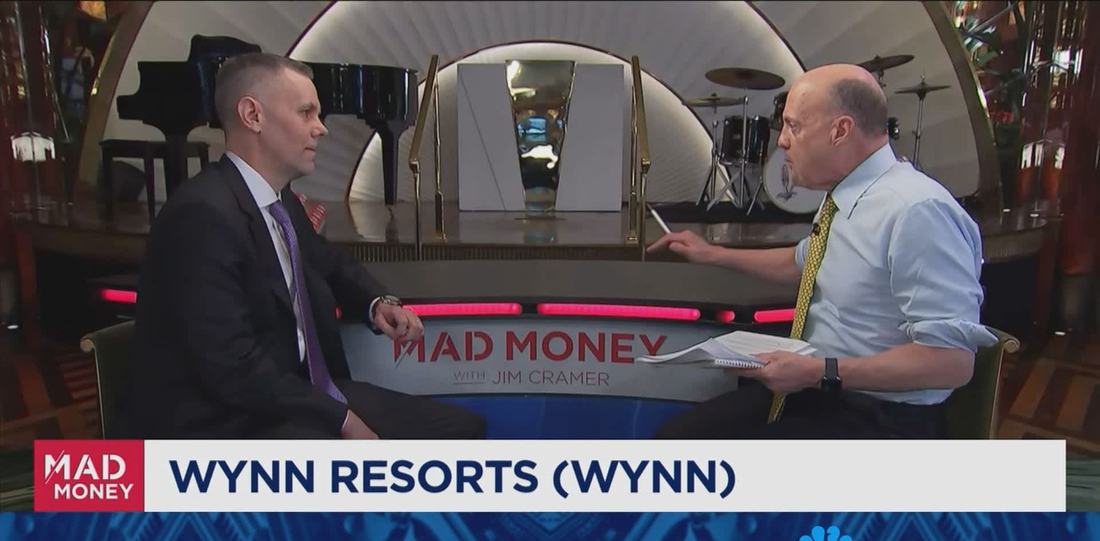 Wynn Resorts chief executive Craig Billings, left, interviewed by Jim Cramer on CNBC's Mad Money, March 21, 2025.