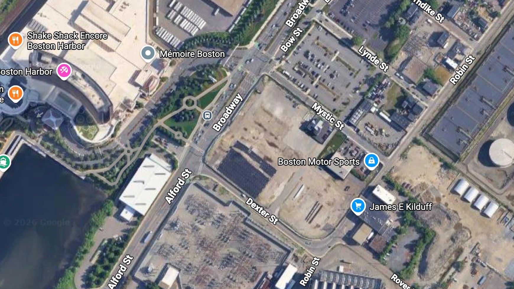 Satellite view of Encore Boston Harbor and, across Broadway, the East of Broadway site in Everett
