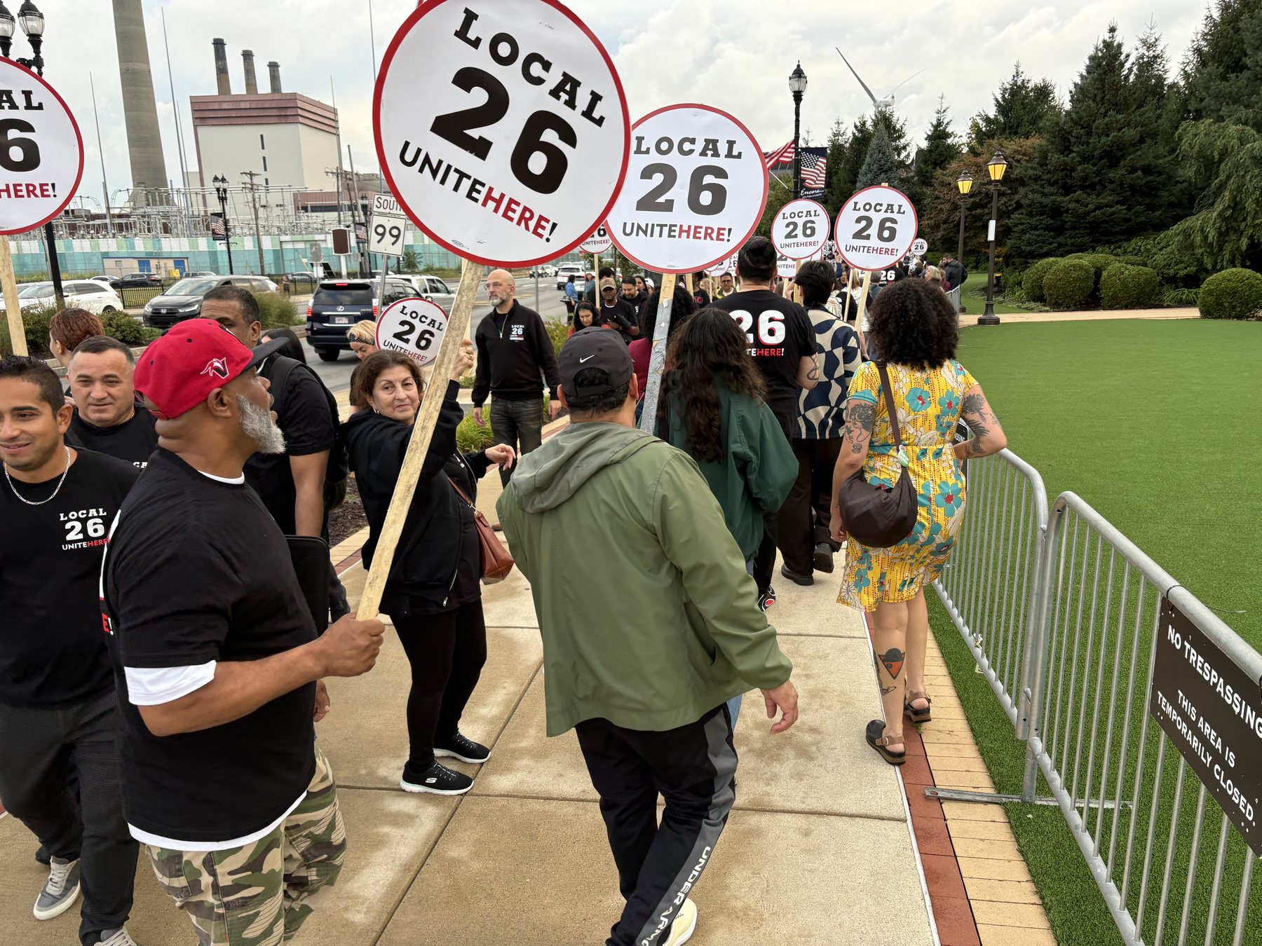 Striking Encore Boston Harbor workers on the picket line on Broadway in Everett, September 5, 2026.