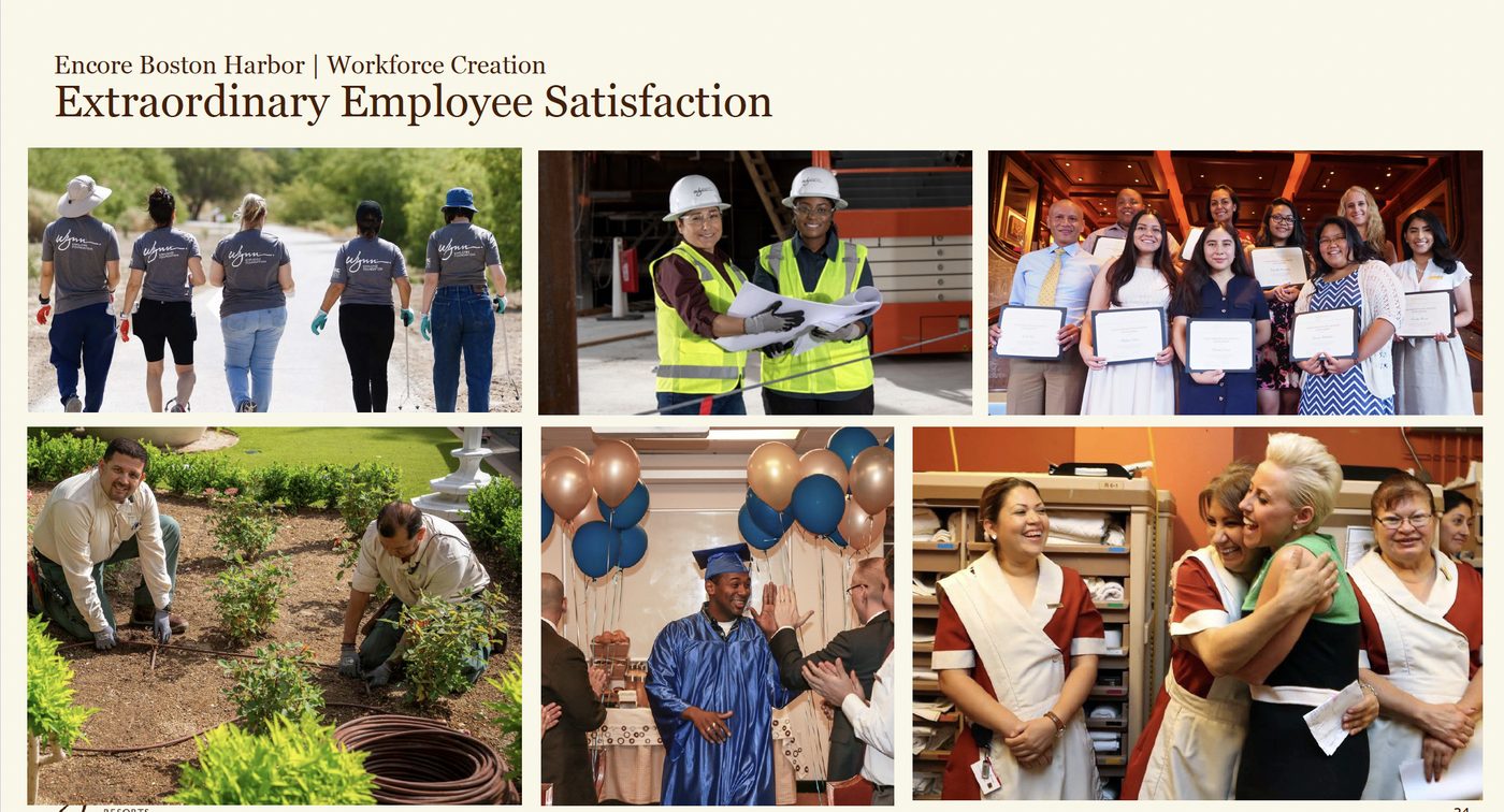 Wynn slide 24: Extraordinary Employee Satisfaction, six photographs of smiling employees.