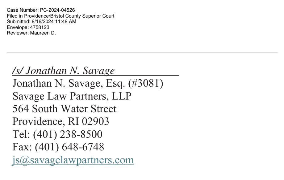 Signature block of the State of Rhode Island's Washington Bridge complaint, showing /s/ Jonathan N. Savage, Esq. (#3081), Savage Law Partners, LLP